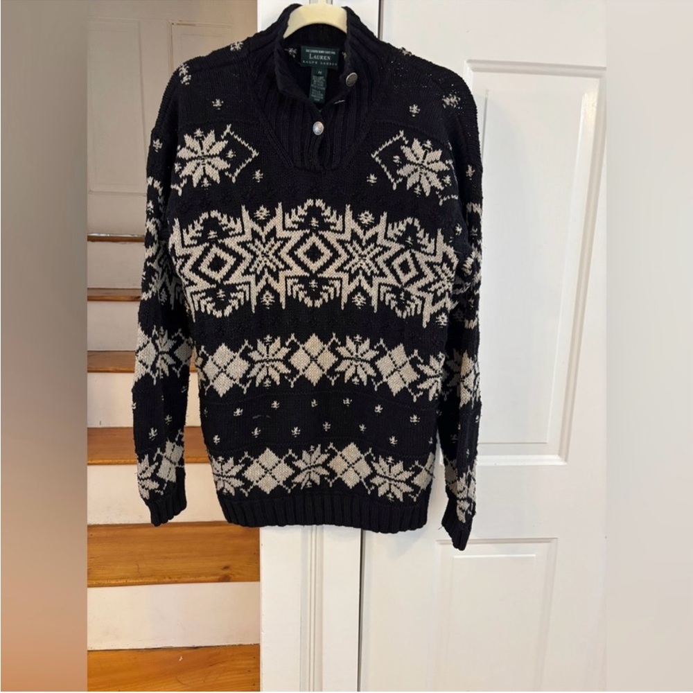 Ralph Lauren Sweater, Hand Knit, Wool, Linen Snowflake, Winter, black and Cream - Picture 5 of 5